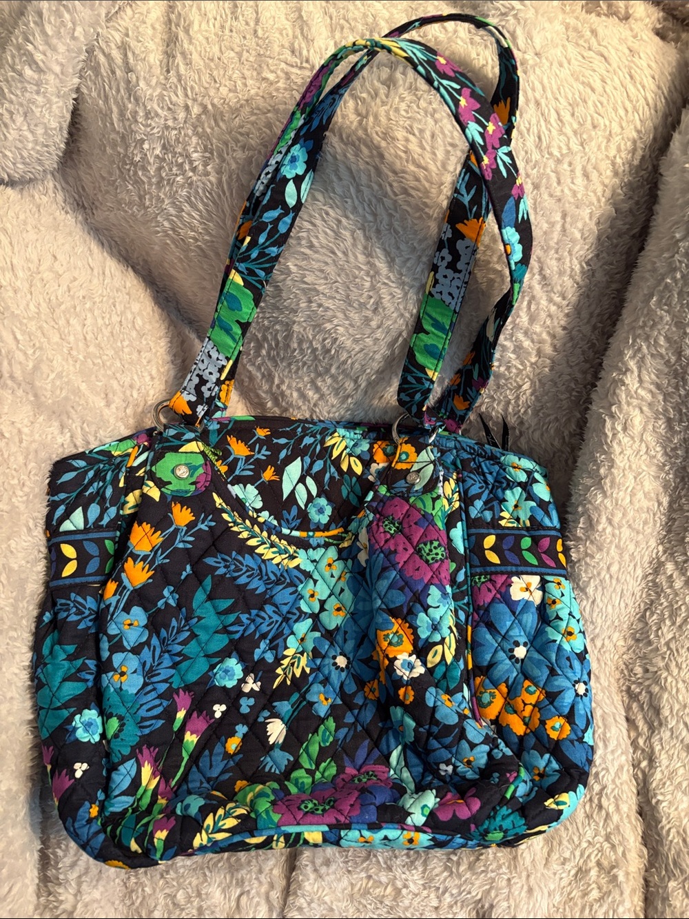 Vera Bradley Navy Quilted Floral Tote with Teal, Purple & Orange Accents